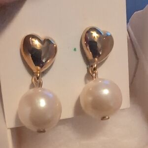 Gold Heart Pearl Drop Earrings